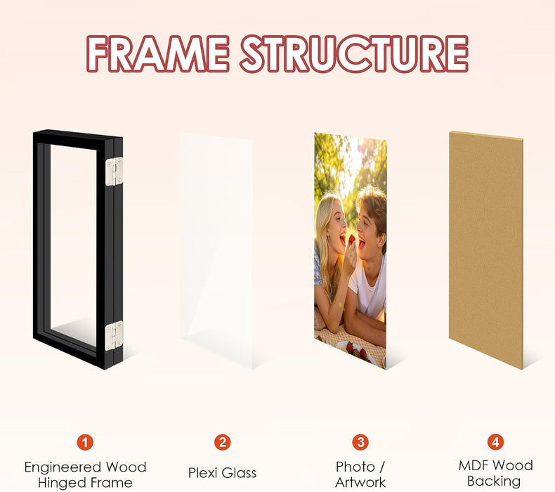 Hinged Double 4x6 Picture Frame, 2-Opening Folding Black Desk Photo Frame with HD Plexiglass, Bifold Frames Tabletop or 