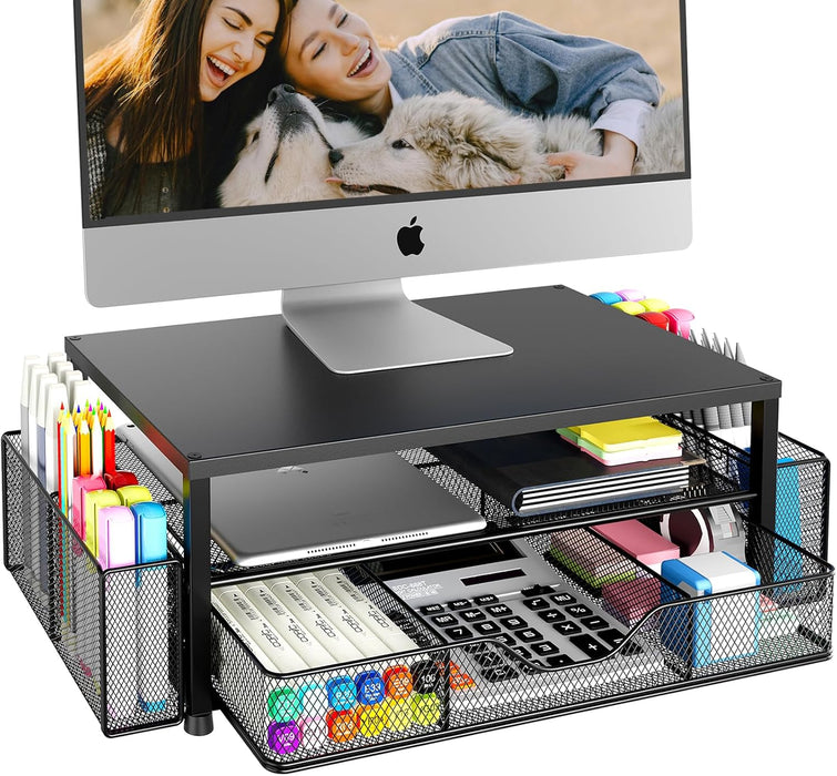Desk Organizer and Accessories, 2-Tier Computer Monitor Stand Riser with Drawer and 2 Pen Holders, Laptop Stand, Office 