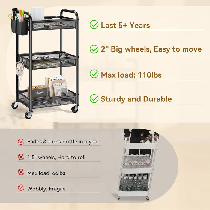 3 Tier Metal Rolling Cart, Black Utility Storage Cart with Wheels
