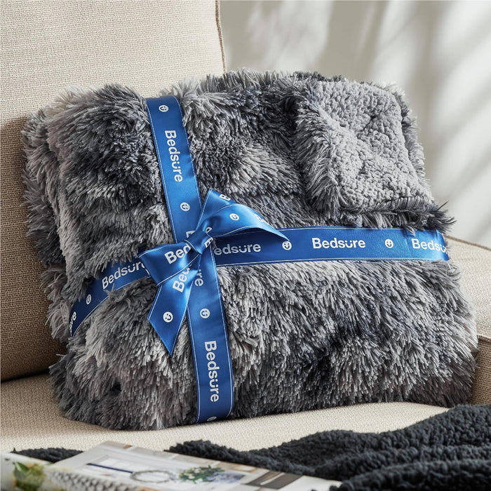 Faux Fur Fluffy Fleece Sherpa Blanket Couch Throw Grey 50"x60"