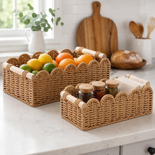 2 Set Scalloped Wicker Storage Baskets for Shelves,For Home Decor, Toilet