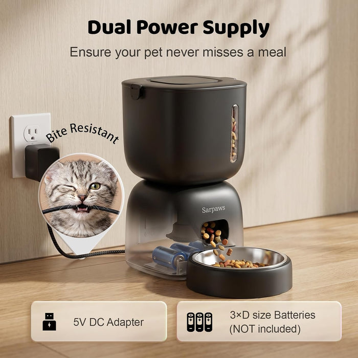 Automatic Cat Feeder, 3L Timed Pet Food Dispenser with 304 Stainless Steel Bowl, 10s Voice Recorder, Dual Power 180-Day 