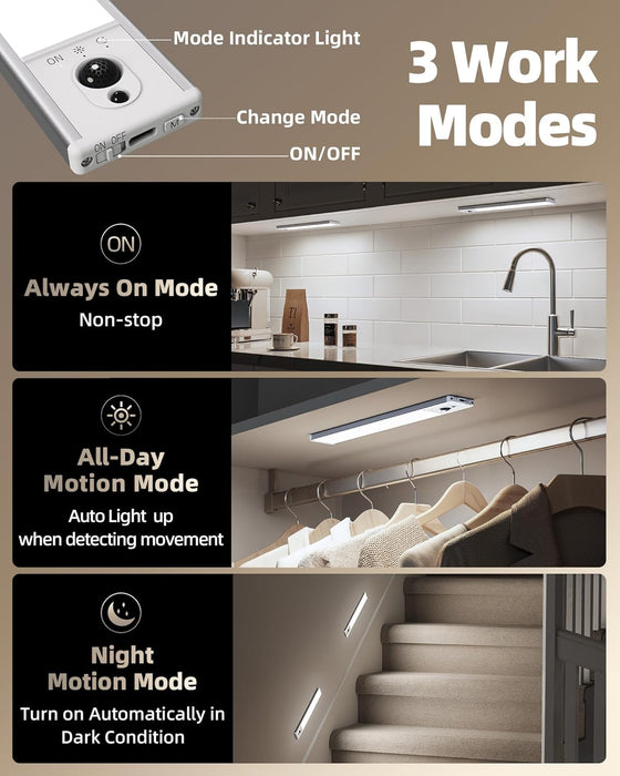 5-Pack Under Cabinet Lighting, 2400mAh Motion Sensor Light, LED Closet Lights Wireless, 6500K Dimmable, Timer, Magnetic, with Remote Control for Kitchen, Closet, Stair