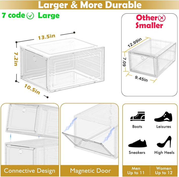 Large Thick Clear Shoe Organizer, Magnetic Door Stackable Shoe Storage Box