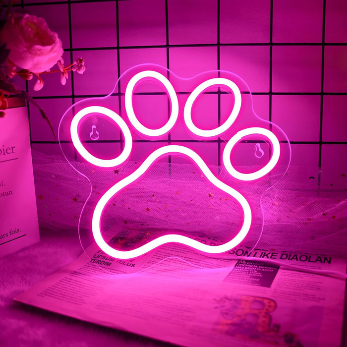 Dog Cat Paw Neon Sign for Wall Decor, Dimmable Pink Foot Print LED Signs