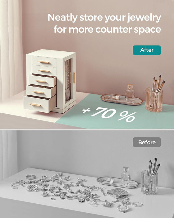 Jewelry Box Organizer, 360° Rotating, 5 Drawers, Cloud White