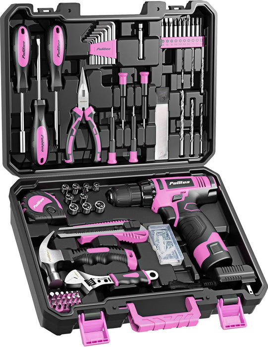Drill Set, 149-Piece Home Tool Set with 12V Pink Cordless Drill, Tool Box, Hand Tool Kits for Women & Men and DIY Enthus