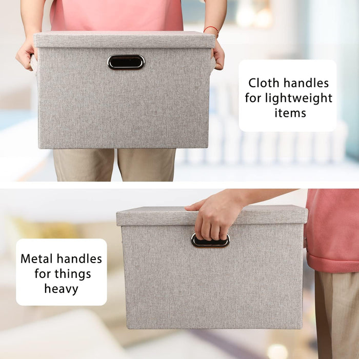 Large Quart Collapsible Stackable Storage Bins with Lids, 3 Packs Beige Linen Fabric Closet Boxes with Lids, Storage Cub