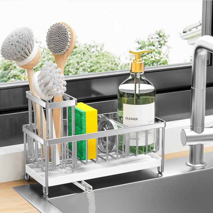 Sponge Holder for Kitchen Sink, Sink Caddy with High Brush Holder, Kitchen Sink Organizer Countertop Rustproof 304 Stainless Steel , Soap Dispenser Kitchen Organizers and Storage Essentials