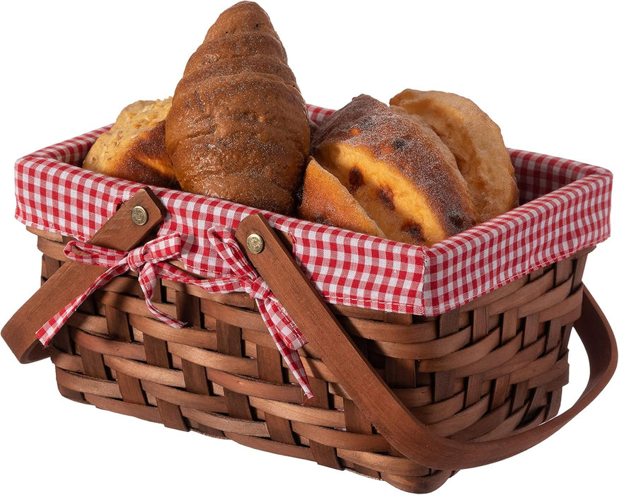 Wickerwise Small Rectangular Woodchip Picnic Baskets with Double Folding Handles, Natural Hand-Woven Basket Lined with Gingham Red and White Lining Great for Gifts