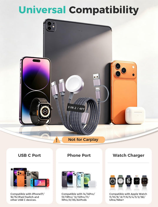 2026 Travel Essentials for Apple Watch Charger,Cruise Vacation Camping Essentials,iPhone Charger,Multi Charging Cable,3 