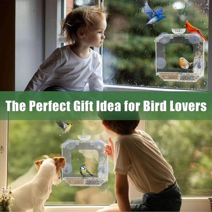 Clear Window Bird Feeder with Strong Suction Cups – Clear Bird Feeding Station with Dual Seed Tray & Water Bowl – Easy t