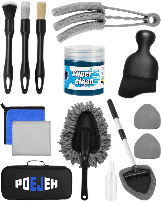 Car Detailing Kit 15PCS, Boar Hair Brushes,160g Gel, Swivel Glass Tool