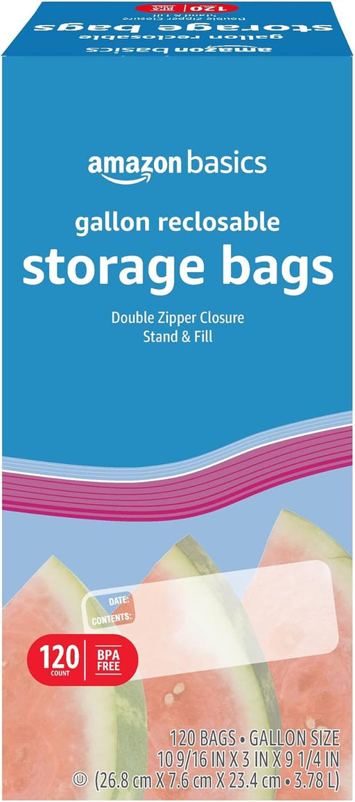 Reclosable Gallon Food Storage Bags with Double Zipper Seal, Stand and Fill Base, BPA Free, 120 Count
