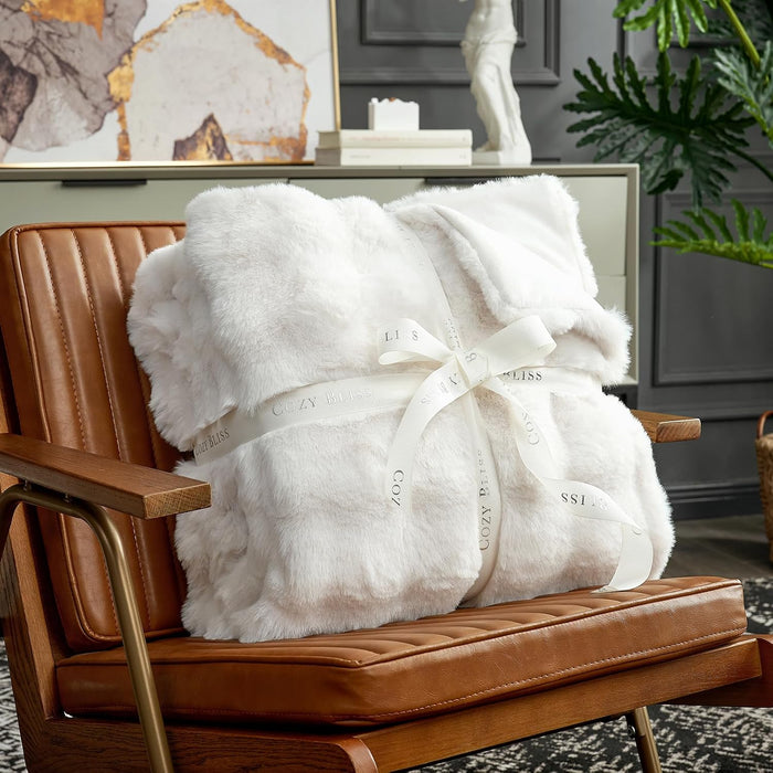 Faux Fur Throw Blanket for Couch, Fuzzy Soft Plush Thick Bubble Blanket for Sofa Bedroom Living Room, 50 * 60 Inches Cream White