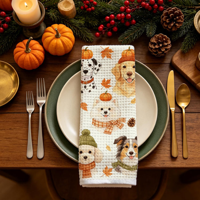 Autumn Dog Lover Kitchen Towel, Fall Puppy Decor Dish Towel