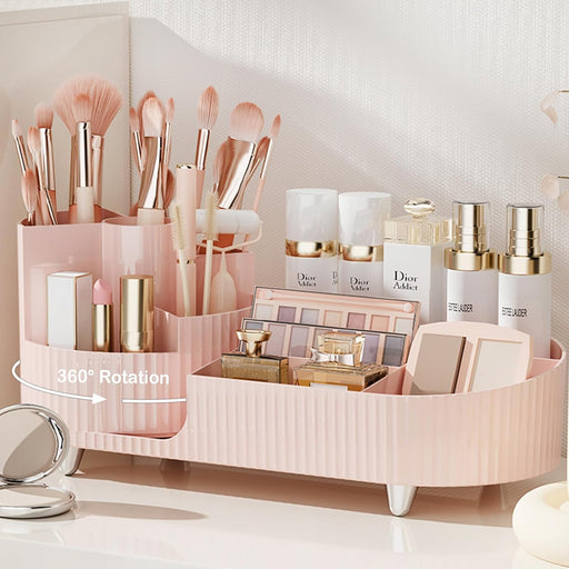Pink Rotating Vanity Organizer with Brush Holder - Large Spinning Cosmetic Storage, Countertop Makeup & Skincare Organiz