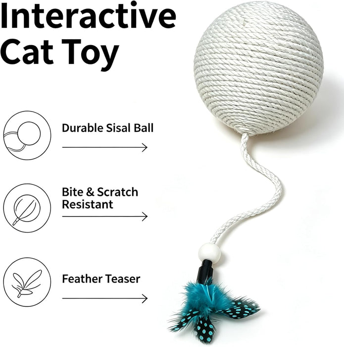 4 in Sisal Cat Ball with Feather, Interactive Hunting Chew Toy for Kittens
