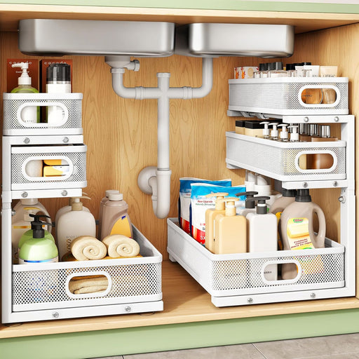 Under Sink Organizer, 2-Pack 3-Tier Height Adjustable Thickened Metal Pull out Cabinet Organizer Shelf, Slide out Storag
