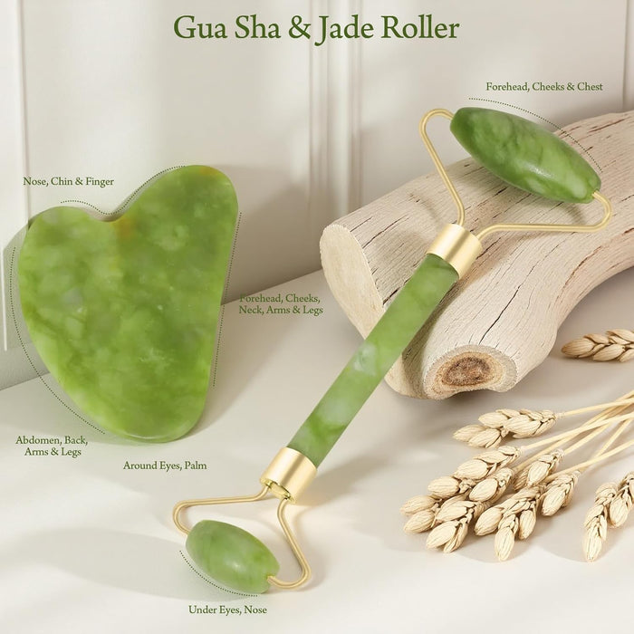 Gua Sha Facial Tools Face Roller for Wrinkles Jade Roller and Gua Sha Set, Scrubber Pore Brush Headband Skin Care Tools for Travel Skincare Routine Massaging Reducing Puffiness - Green