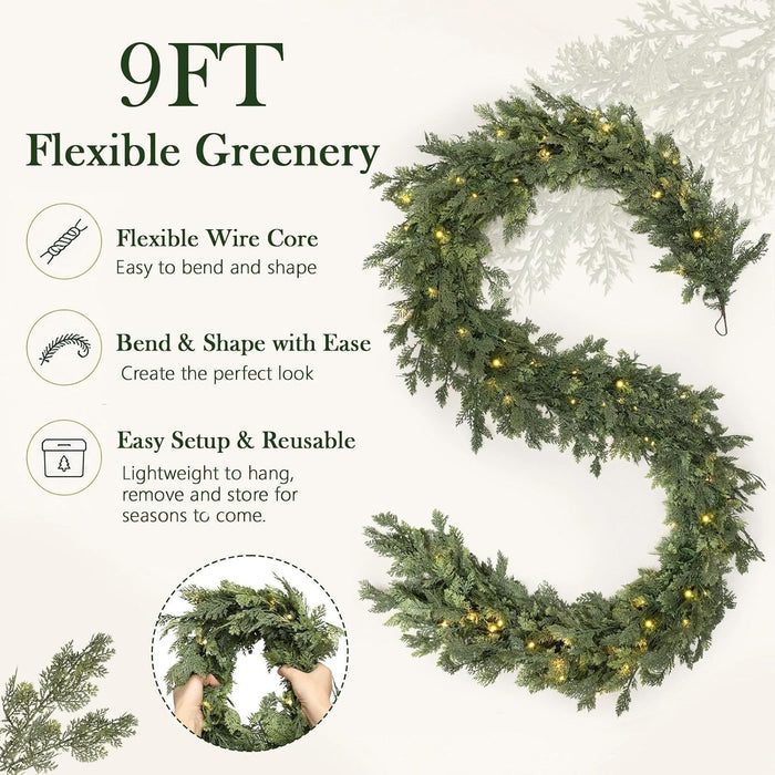 Pre-Lit Christmas Garland 9FT Decorations Real Touch Cedar Cypress Pine Greenery Artificial Green Christmas Garland with