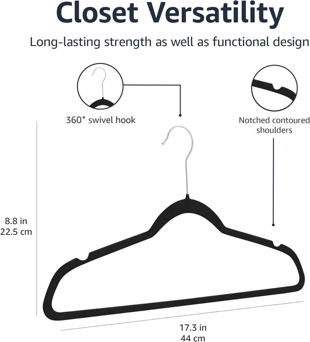 Slim Velvet Non-Slip Space Saving Suit Clothes Hangers, Closet Organizer, Black, 50-Pack