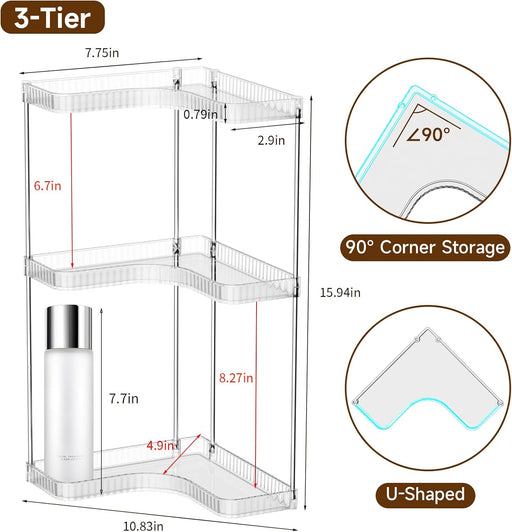 Corner Makeup Counter Organizers, 3-Tier Bathroom Corner Shelf, Clear