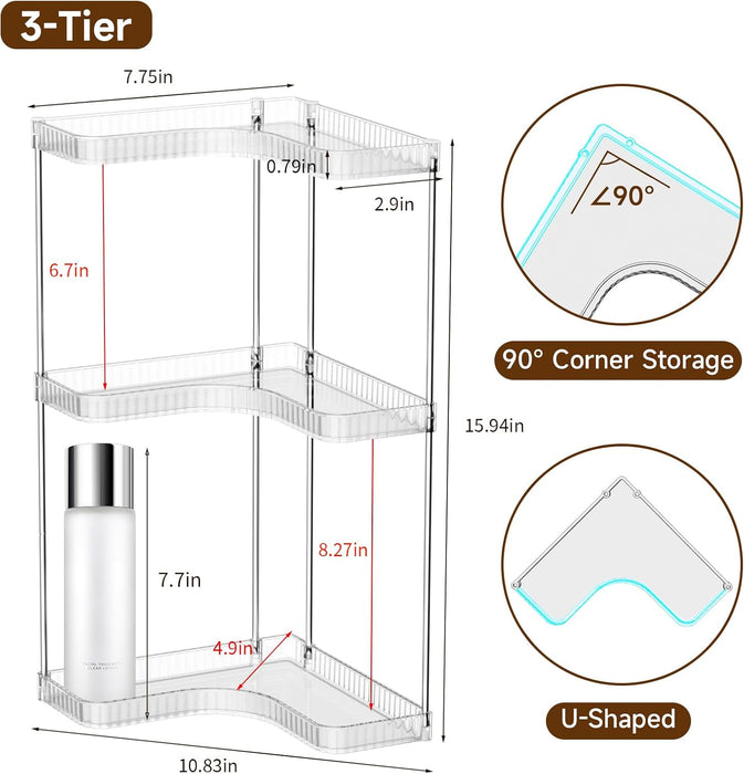 Corner Makeup Counter Organizers, 3-Tier Bathroom Corner Shelf, Clear