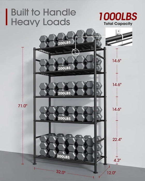 Storage Shelves - 5 Tier Shelf Organizer, Heavy Duty Garage Shelving Unit with Leveling Feet, Stable Metal Shelves Organ