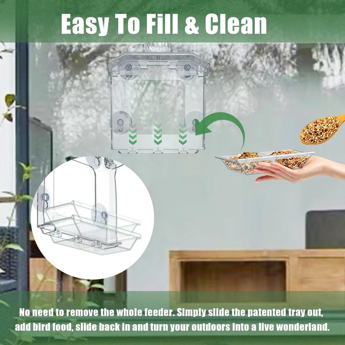 Clear Window Bird Feeder with Strong Suction Cups – Clear Bird Feeding Station with Dual Seed Tray & Water Bowl – Easy t