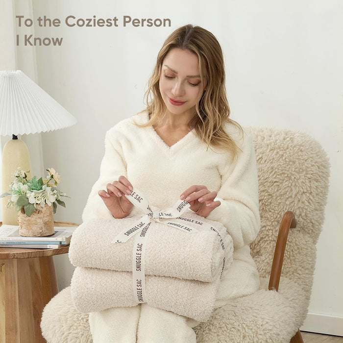 Buttery Ivory Throw Blanket for Couch, Reversible Super Soft Knitted Blankets, Warm Cozy Knit Fuzzy Plush Lightweight Throws Dupes for Sofa, Bed, Picnic, Ivory, 50 x 60 inches