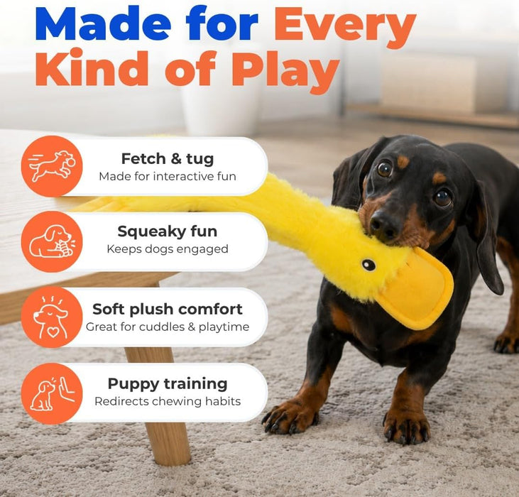 Interactive Squeaky Dog Toy - Crinkle Duck, Yellow