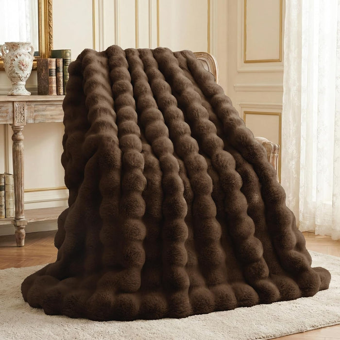 Faux Rabbit Fur Throw Blanket for Couch, 50'' x 60'', Cocoa Brown