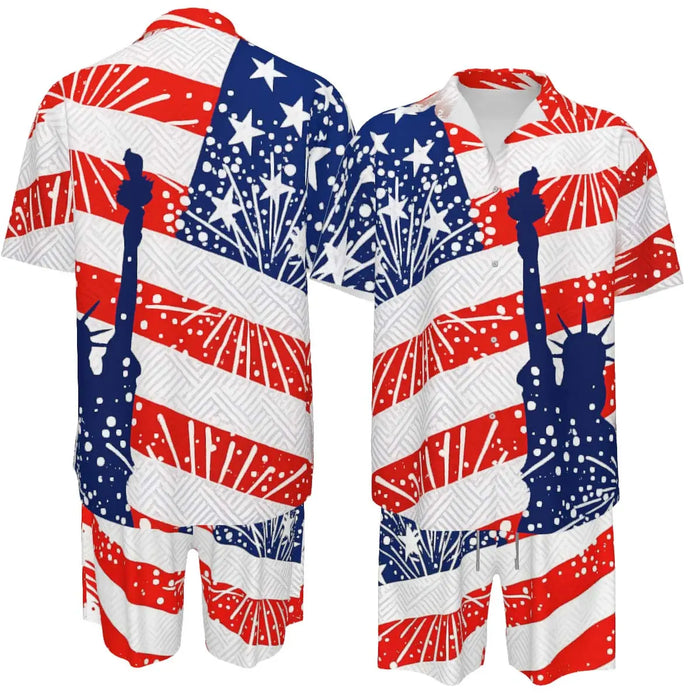 Men'S Fashion 2-Piece Matching Shortsleeve Collared Neck Tropical Set - Casual Stylish Flag Pattern Shirt & Bottoms, Loose Fit, plus Size Hawaiian Patriotic Streetwear for 4Th of July