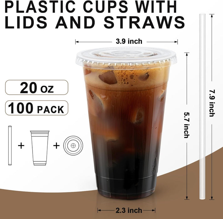 100 Pack 20 oz Plastic Coffee Cups with Lids, Disposable Clear Cups