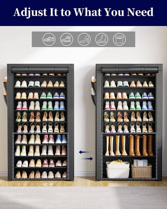 10-Tier Shoe Rack with Cover, Tall Shoe Shelf, 33" Wide, Black