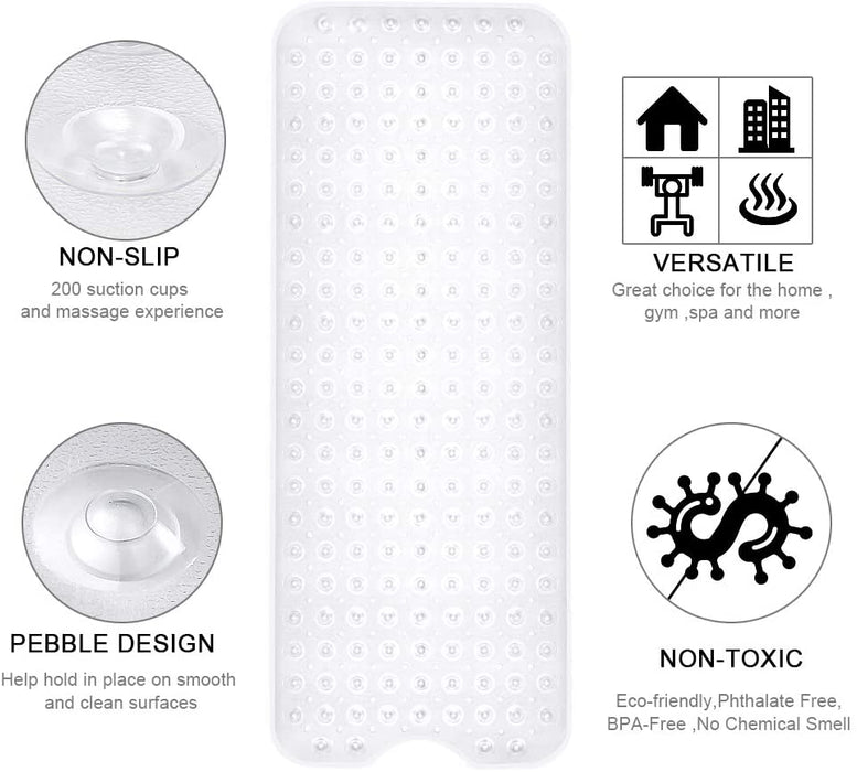 Bath and Shower Safety Mats 40x16 inch, Non Slip with Suction Cups for Bathroom Stall and Tub Floor, Extra Large and Machine Washable, Drain Holes Keep Bathtub Clean, Clear
