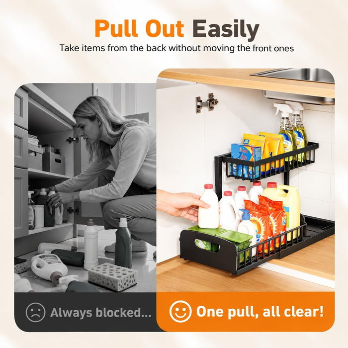 Under Kitchen Sink Organizer, Metal Pull Out Bathroom Organizers and Storage, 2-Tier Cabinet Organizer Shelf with Slidin