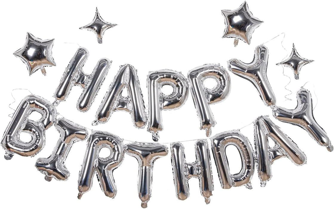 Silver Happy Birthday Balloons Banner Sign Mylar letter Party Decoration