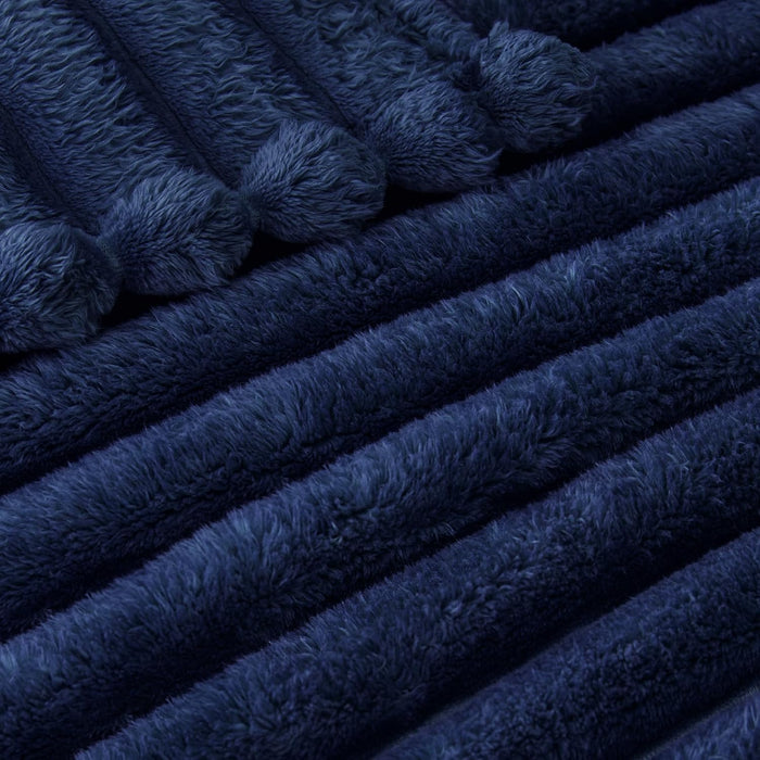 Striped Fleece Throw Blanket for Couch, Sofa, Navy Blue