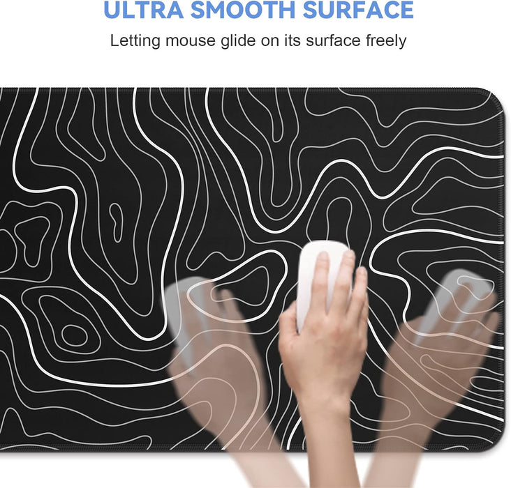 Gaming Mouse Pad, Black with White Topographic Line, 31.5x11.8in