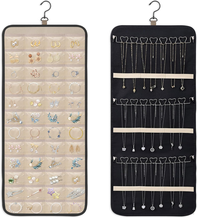 Double-Sided Hanging Jewelry Organizer, Large Black Storage Roll for Earrings, Necklaces, Rings, 48 Pockets 21 Hooks, Durable Oxford Fabric for Closet, Wall, Door, 1 piece, Jewelry Not Included