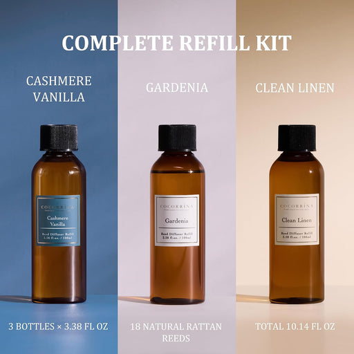 Reed Diffuser Refill Set, 10.2oz Scented Oil Refill 3 Pack, Clean Linen, Cashmere Vanilla, Gardenia, Long Lasting Oil Diffuser Refill with 18 Sticks for Bathroom & Bedroom