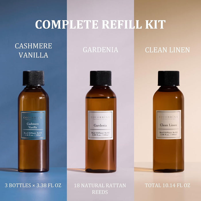 Reed Diffuser Refill Set, 10.2oz Scented Oil Refill 3 Pack, Clean Linen, Cashmere Vanilla, Gardenia, Long Lasting Oil Diffuser Refill with 18 Sticks for Bathroom & Bedroom