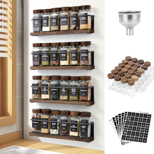 Wooden Lid Magnetic Spice Rack with 24 Jars, 216 Labels, 1 Steel Funnel for Refrigerator，Microwave Oven - Full Set of Sp