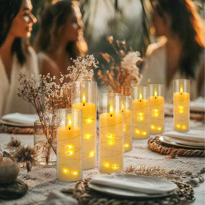 24 Pcs LED Flameless Candles with Remote, 3D Flickering Flame & LED String Lights, Acrylic Clear Cylinder, Timer Function, Romantic Ambience for Home Decor, Party, Wedding (Ivory).