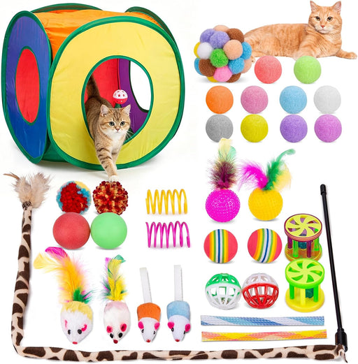 33Pcs Cat Toys Pack for Indoor Cats Kitten, with Cube Tunnel