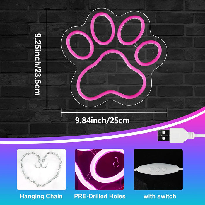 Dog Cat Paw Neon Sign for Wall Decor, Dimmable Pink Foot Print LED Signs