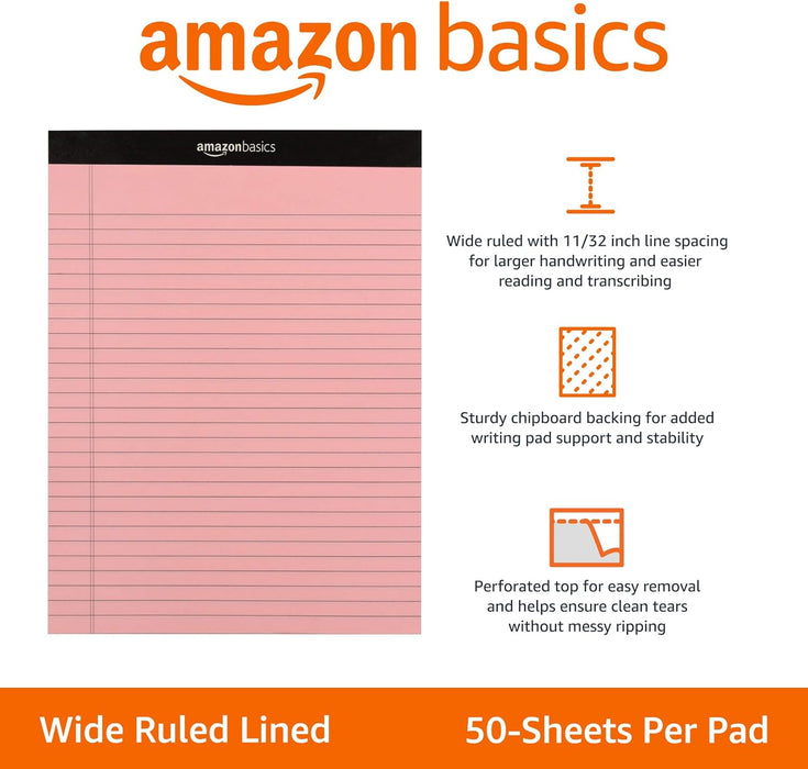 Wide Ruled Lined Writing Note Pads with Sturdy Back, 8.5" x 11.75", Multicolor, 6-Pack, 300 Sheets, Perforated