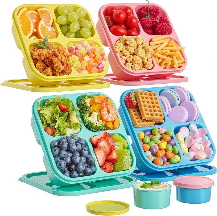 4 Pcs Snack Box Containers Set, Reusable 4 Compartment Lunchable Container with 2Pcs Sauce Containers, Stackable BPA-Fre